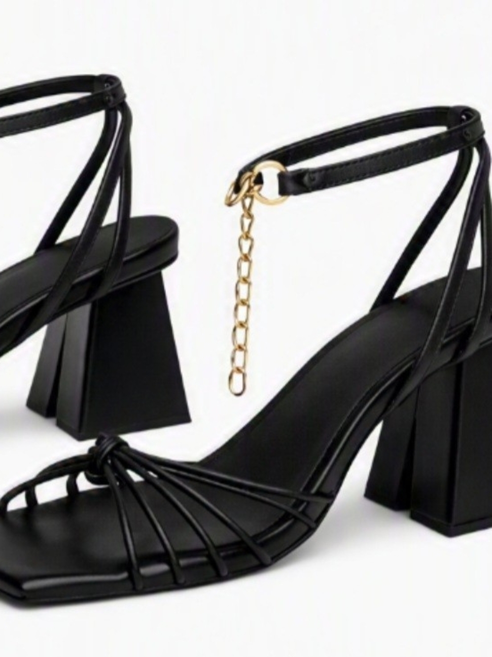 ALOHAS Black Strappy Block Heel Sandals with Gold Chain Ankle Detail